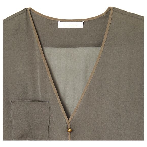 Chloe Sheer Olive Green 100% Silk V-neck Drop Waist Dress Gold Buttons FR40/US 8 - Picture 4 of 16